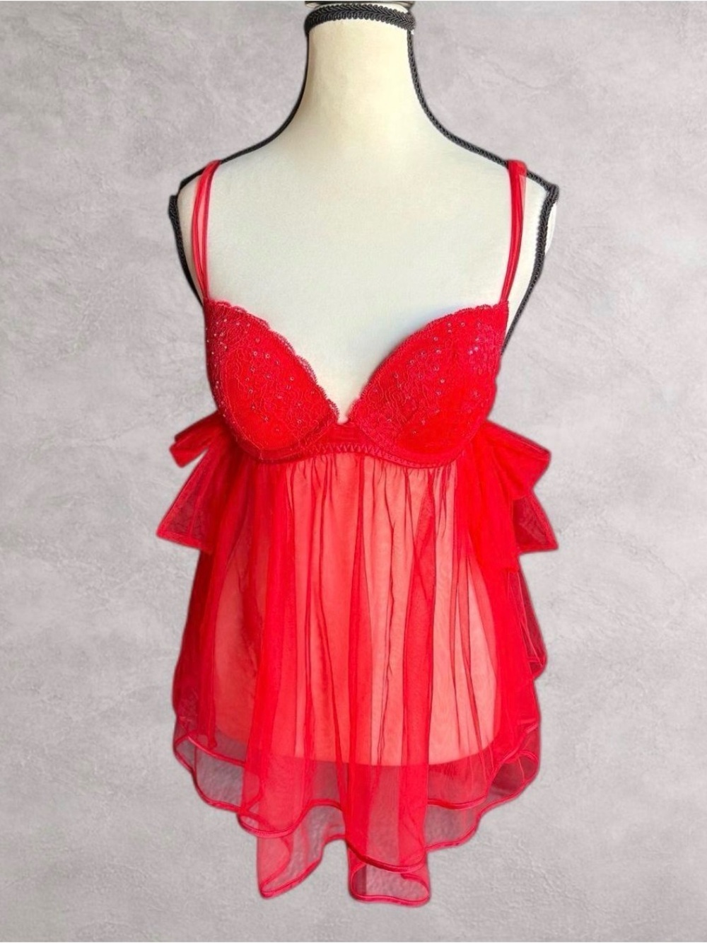 Victoria’s Secret Red Sheer Babydoll Lingerie Chemise Rhinestone Lace 2012 - 34D